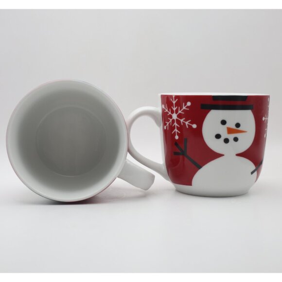 Crate and Barrel Snowman Black Top Hat Red White Mugs Set of 2 12 Ounce - Picture 5 of 6